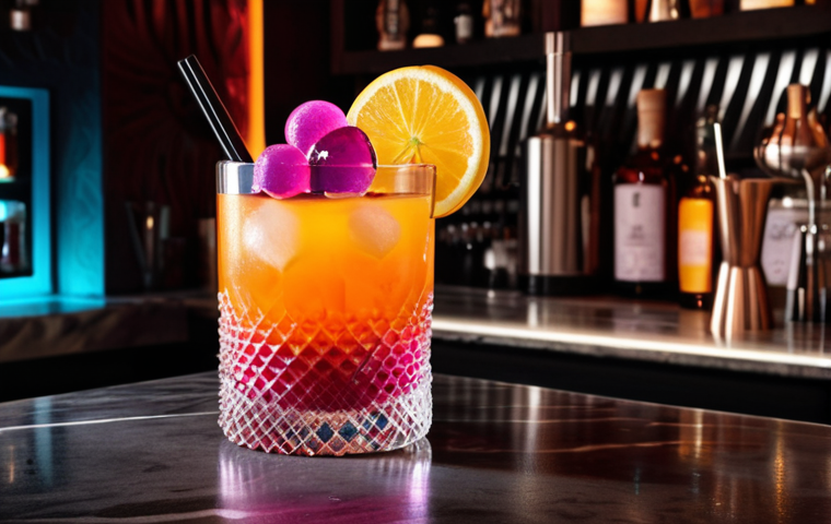 **

A vibrant Instagram post featuring a molecular cocktail. The cocktail is visually striking with unusual shapes, colors, and textures, created using molecular mixology techniques. The background is a stylish bar setting with soft, focused lighting. Include hashtags related to mixology and cocktails. The overall mood should be modern, creative, and high-end.

**