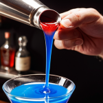 **Image:** A close-up shot of a bartender expertly performing a "layering" technique, carefully pouring a vibrant blue liquid over the back of a bar spoon into a cocktail glass already containing a red liquid. The layers are distinct and visually appealing. Focus on the precision and skill involved. Soft, diffused lighting.