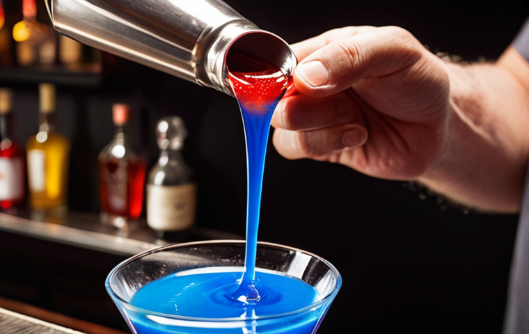 **Image:** A close-up shot of a bartender expertly performing a "layering" technique, carefully pouring a vibrant blue liquid over the back of a bar spoon into a cocktail glass already containing a red liquid. The layers are distinct and visually appealing. Focus on the precision and skill involved. Soft, diffused lighting.