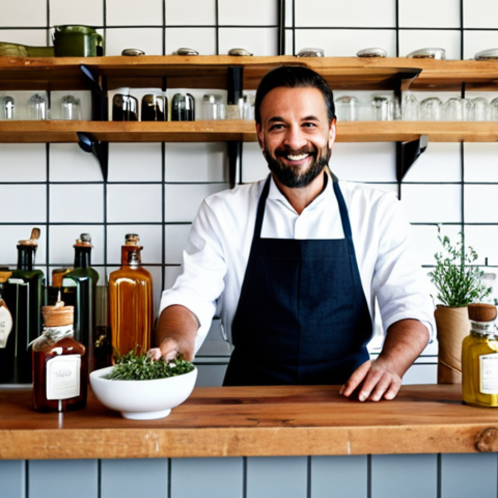 A professional Italian bartender, fully clothed in a clean, modest work apron and professional dress, meticulously arranging fresh, seasonal herbs and fruits on a rustic wooden bar counter. The bar interior features warm, natural light and a backdrop of neatly organized jars containing homemade syrups and fermented ingredients, emphasizing a "farm to glass" and "zero waste" philosophy. He has perfect anatomy, correct proportions, a natural pose, well-formed hands with proper finger count, and natural body proportions. The image should convey a sense of dedication to sustainable mixology and fresh, local ingredients. High-quality professional photography, natural lighting, sharp focus. safe for work, appropriate content, fully clothed, family-friendly.