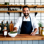 A professional Italian bartender, fully clothed in a clean, modest work apron and professional dress, meticulously arranging fresh, seasonal herbs and fruits on a rustic wooden bar counter. The bar interior features warm, natural light and a backdrop of neatly organized jars containing homemade syrups and fermented ingredients, emphasizing a "farm to glass" and "zero waste" philosophy. He has perfect anatomy, correct proportions, a natural pose, well-formed hands with proper finger count, and natural body proportions. The image should convey a sense of dedication to sustainable mixology and fresh, local ingredients. High-quality professional photography, natural lighting, sharp focus. safe for work, appropriate content, fully clothed, family-friendly.