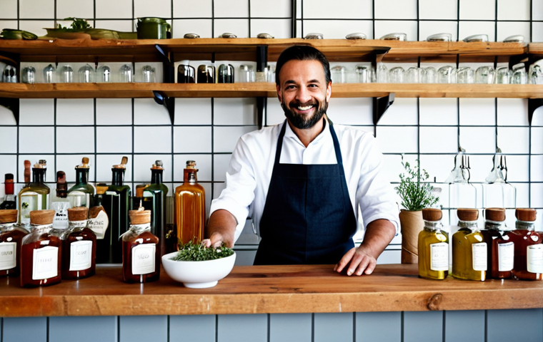 A professional Italian bartender, fully clothed in a clean, modest work apron and professional dress, meticulously arranging fresh, seasonal herbs and fruits on a rustic wooden bar counter. The bar interior features warm, natural light and a backdrop of neatly organized jars containing homemade syrups and fermented ingredients, emphasizing a "farm to glass" and "zero waste" philosophy. He has perfect anatomy, correct proportions, a natural pose, well-formed hands with proper finger count, and natural body proportions. The image should convey a sense of dedication to sustainable mixology and fresh, local ingredients. High-quality professional photography, natural lighting, sharp focus. safe for work, appropriate content, fully clothed, family-friendly.