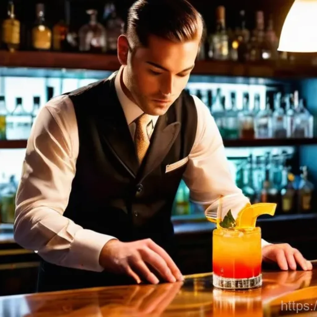 바텐더 자격 시험의 준비 기간 - A male or female bartender, aged 25-35, with a passionate and focused expression, stands behind a po...