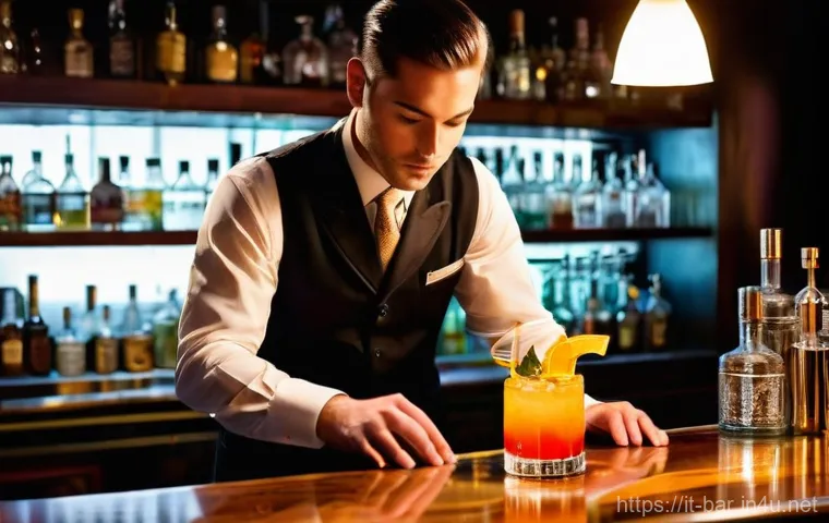 바텐더 자격 시험의 준비 기간 - A male or female bartender, aged 25-35, with a passionate and focused expression, stands behind a po...