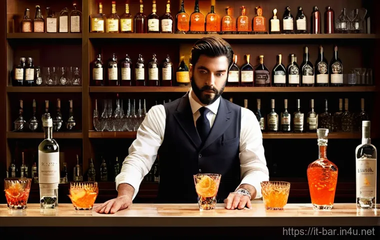 바텐더로서의 주류 트렌드 파악법 - **Prompt:** An elegant Italian male or female bartender in their 30s, dressed in a sharp vest and a ...