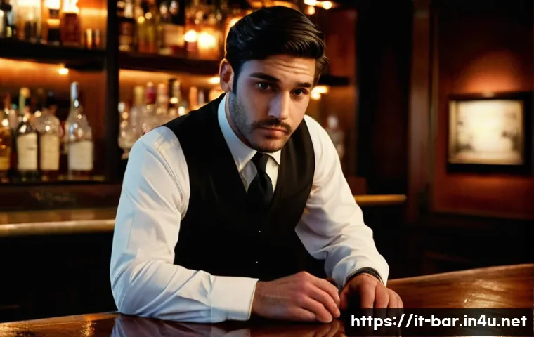 바텐더 근무환경의 현실 - **Prompt:** A male bartender, in his late 20s, with a subtle stubble and a tired yet determined expr...