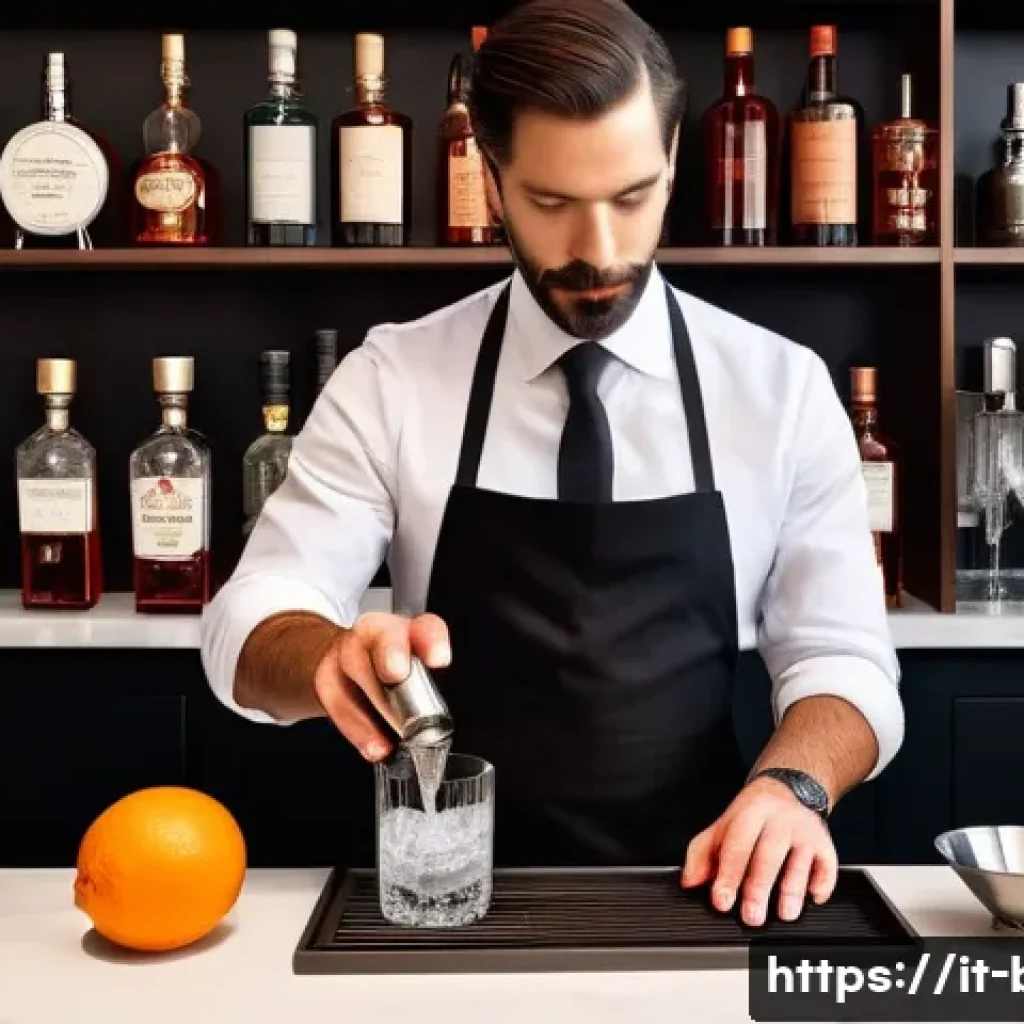 바텐더 칵테일 제조 이론 - A sophisticated cocktail bar scene showcasing a bartender skillfully mixing a Negroni in a sleek sta...