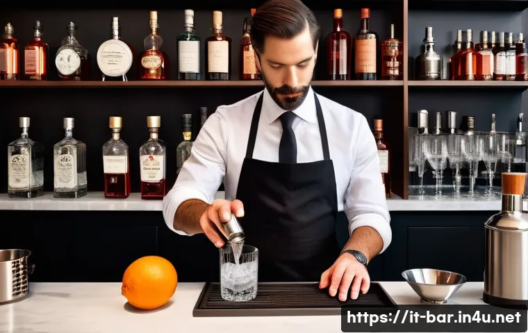 바텐더 칵테일 제조 이론 - A sophisticated cocktail bar scene showcasing a bartender skillfully mixing a Negroni in a sleek sta...