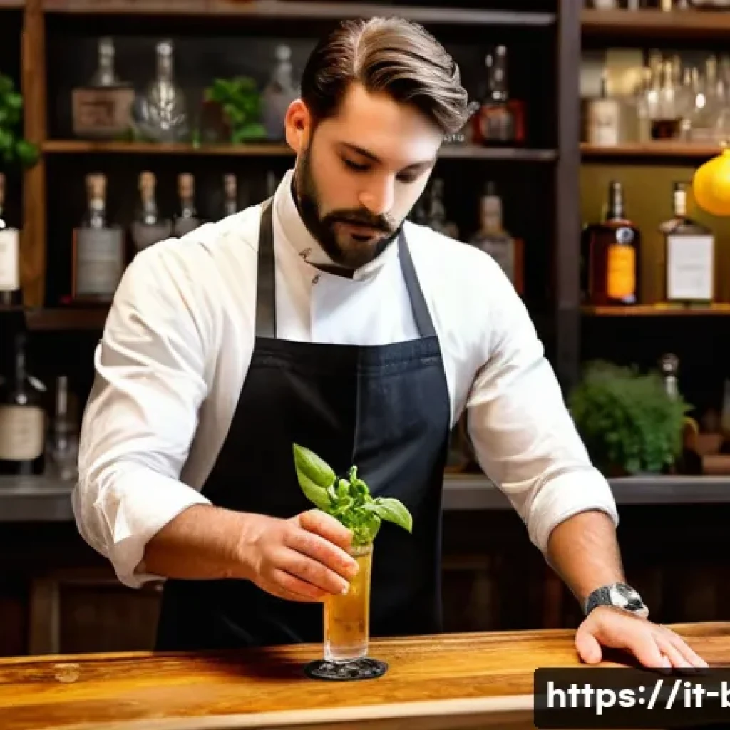 바텐더 칵테일 레시피의 발전 과정 - A sophisticated Italian cocktail bar scene showcasing a skilled bartender infusing fresh local herbs...