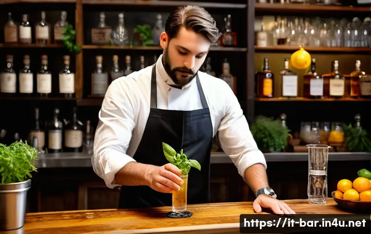 바텐더 칵테일 레시피의 발전 과정 - A sophisticated Italian cocktail bar scene showcasing a skilled bartender infusing fresh local herbs...