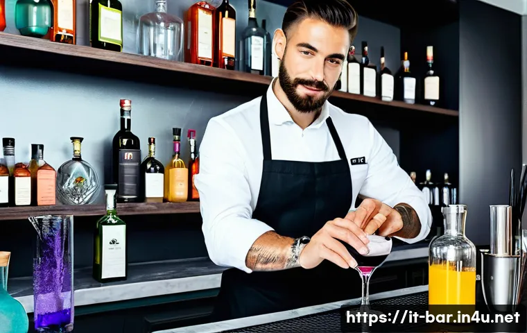 바텐더 이직 성공 사례 - A professional bartender attending a modern mixology workshop in Milan, Italy, surrounded by various...