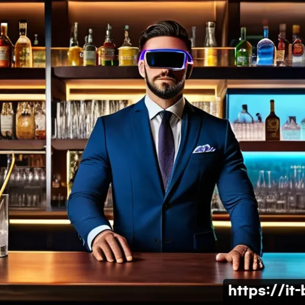 바텐더 직업의 미래 - A modern bar scene showcasing a professional bartender wearing smart casual attire and using augment...