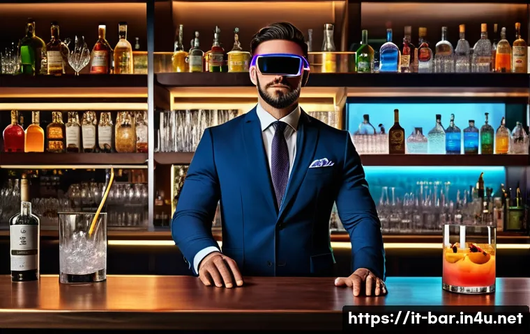 바텐더 직업의 미래 - A modern bar scene showcasing a professional bartender wearing smart casual attire and using augment...