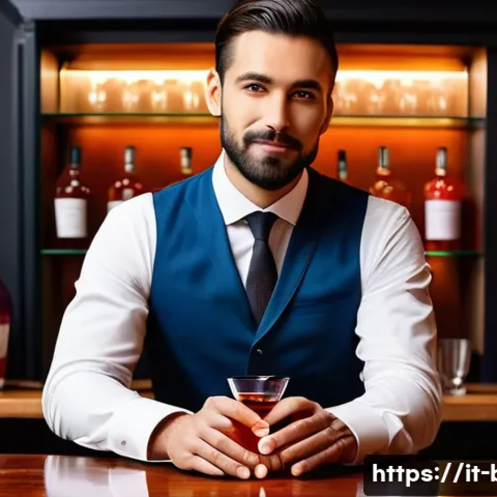 바텐더 이직 준비를 위한 포트폴리오 작성법 - A professional bartender in a stylish Italian cocktail bar setting, wearing smart casual attire, ski...