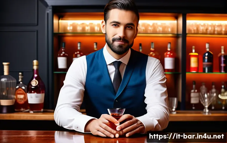바텐더 이직 준비를 위한 포트폴리오 작성법 - A professional bartender in a stylish Italian cocktail bar setting, wearing smart casual attire, ski...