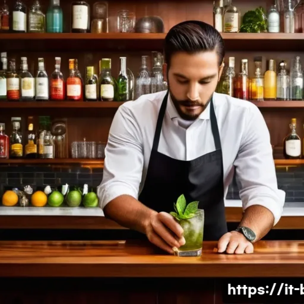 바텐더가 자주 사용하는 바 용어 - A skilled Italian bartender in a stylish, warmly lit bar, shaking a cocktail shaker with precision a...