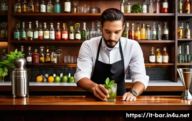 바텐더가 자주 사용하는 바 용어 - A skilled Italian bartender in a stylish, warmly lit bar, shaking a cocktail shaker with precision a...