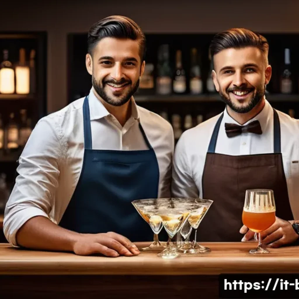 바텐더의 다양한 커리어 패스 - A professional bartender confidently leading a stylish Italian bar team during a busy evening shift,...