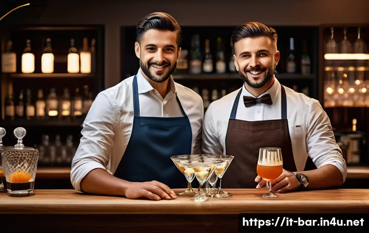바텐더의 다양한 커리어 패스 - A professional bartender confidently leading a stylish Italian bar team during a busy evening shift,...
