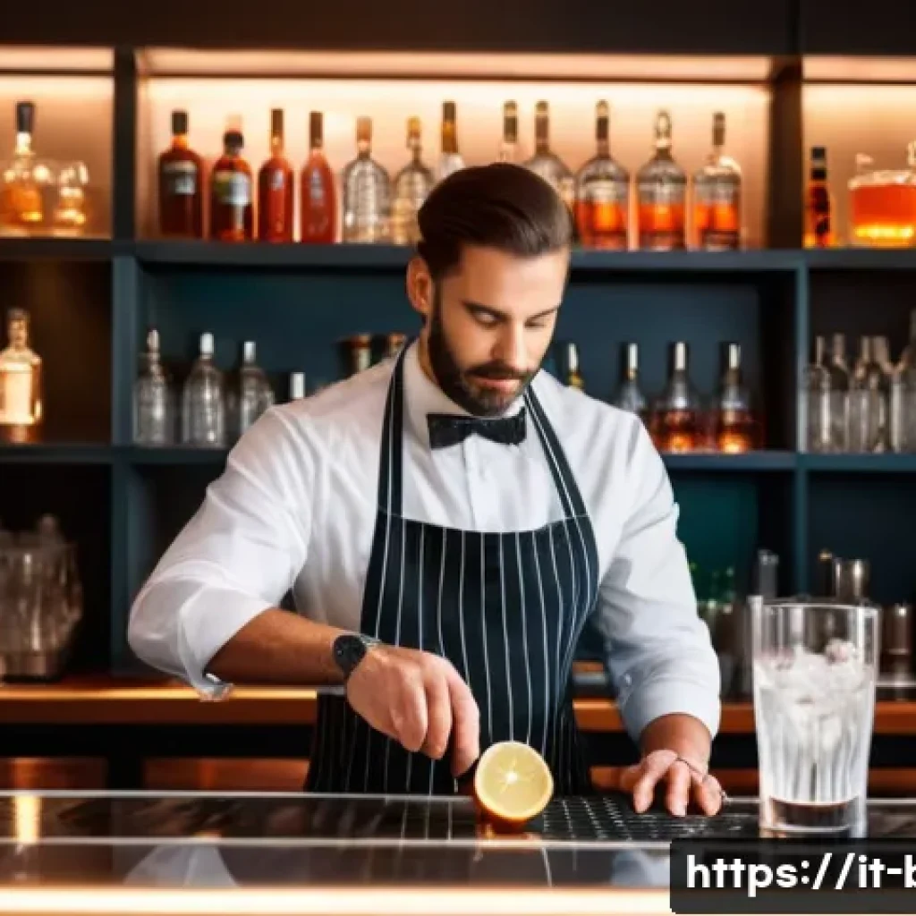 바텐더 자격증 공부 꿀팁 - A professional Italian bartender in a stylish, modern bar setting, carefully measuring and pouring a...