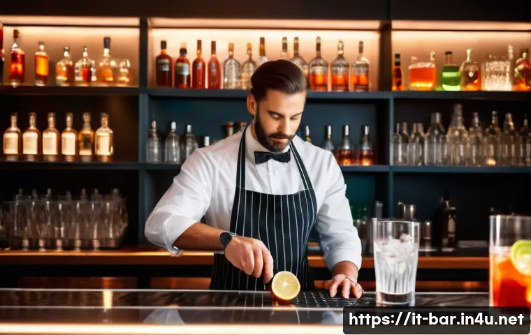 바텐더 자격증 공부 꿀팁 - A professional Italian bartender in a stylish, modern bar setting, carefully measuring and pouring a...