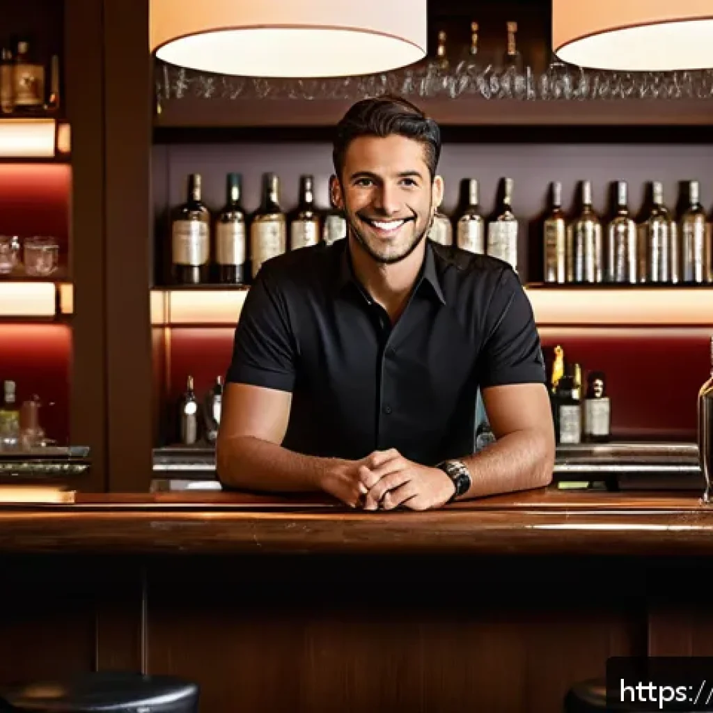 바텐더 면접 시 주의사항 - A confident bartender candidate during a job interview in an elegant Italian bar setting, wearing a ...
