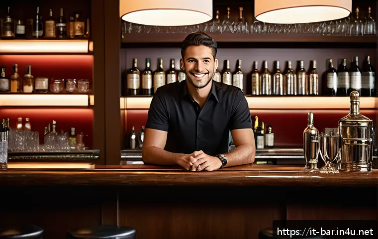 바텐더 면접 시 주의사항 - A confident bartender candidate during a job interview in an elegant Italian bar setting, wearing a ...