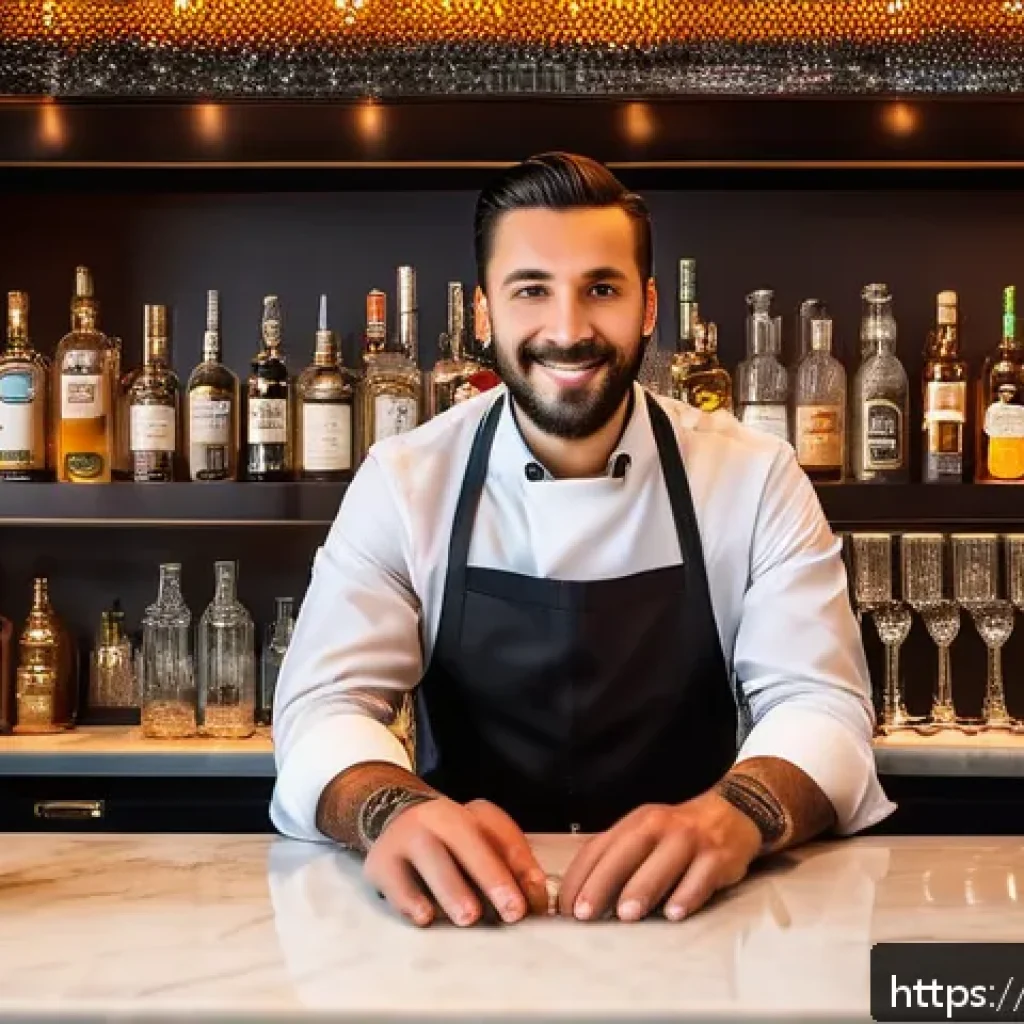 바텐더 실무 필수 기술 - A skilled bartender behind a polished bar counter in a modern Italian cocktail lounge, carefully bal...