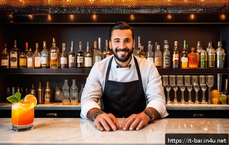 바텐더 실무 필수 기술 - A skilled bartender behind a polished bar counter in a modern Italian cocktail lounge, carefully bal...