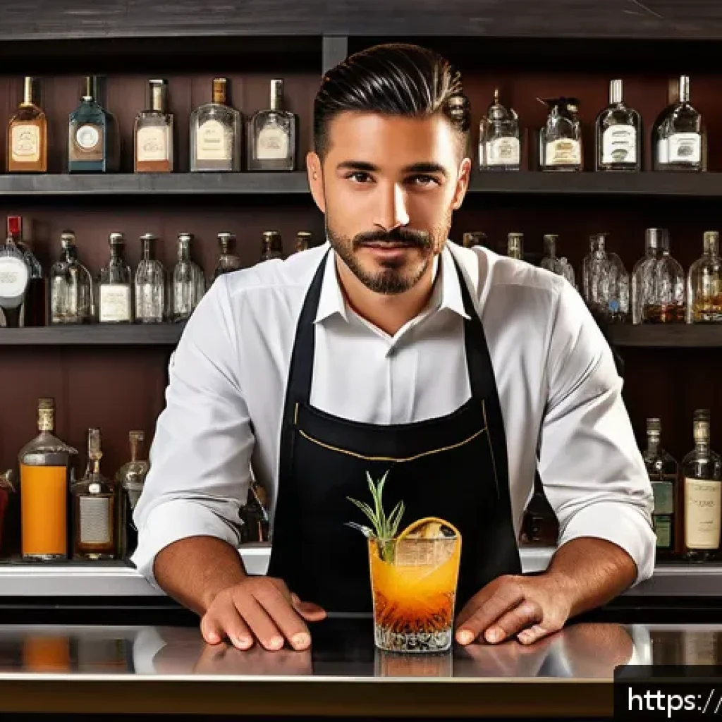 바텐더 칵테일 대회 우승 사례 - A sophisticated Italian bartender in a stylish modern bar setting, carefully crafting a unique cockt...