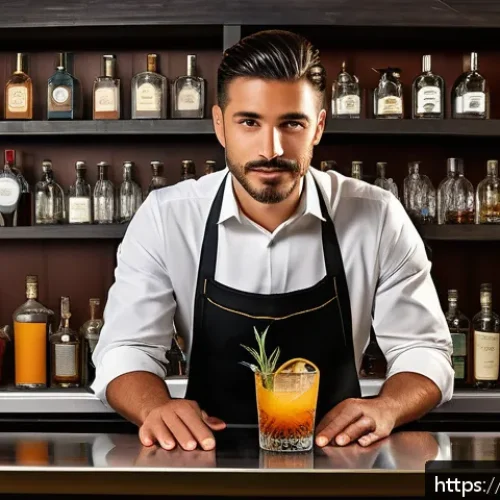 바텐더 칵테일 대회 우승 사례 - A sophisticated Italian bartender in a stylish modern bar setting, carefully crafting a unique cockt...