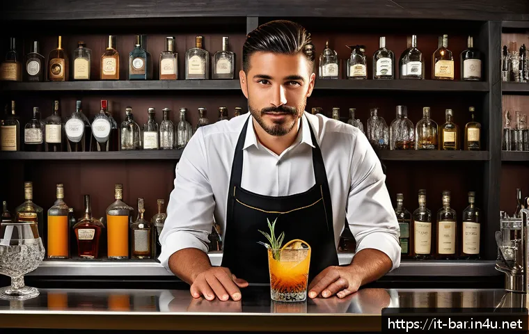 바텐더 칵테일 대회 우승 사례 - A sophisticated Italian bartender in a stylish modern bar setting, carefully crafting a unique cockt...