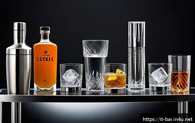 바텐더가 추천하는 칵테일 도구 - A sleek, modern home bar setup showcasing a stainless steel jigger with clear 15ml and 30ml markings...