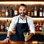 바텐더 교육 중 개인 프로젝트 사례 - A modern bartender in a stylish Italian bar setting, experimenting with unique local ingredients suc...