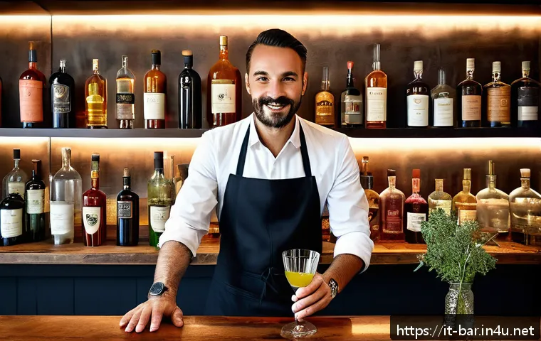 바텐더 교육 중 개인 프로젝트 사례 - A modern bartender in a stylish Italian bar setting, experimenting with unique local ingredients suc...