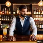 바텐더의 직업 만족도 - A sophisticated Italian cocktail bar interior during golden hour, featuring a sleek, well-designed w...