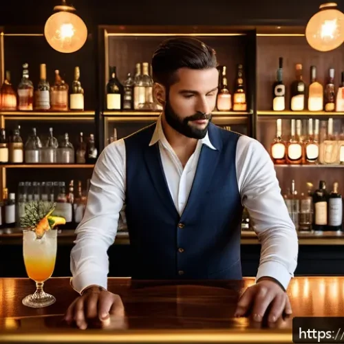 바텐더의 직업 만족도 - A sophisticated Italian cocktail bar interior during golden hour, featuring a sleek, well-designed w...