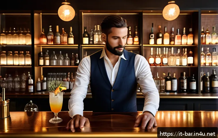 바텐더의 직업 만족도 - A sophisticated Italian cocktail bar interior during golden hour, featuring a sleek, well-designed w...