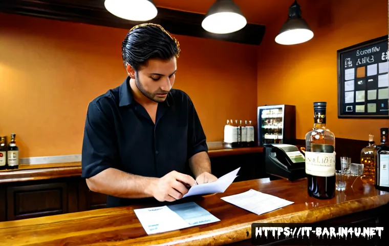 바텐더가 알아야 할 법률 지식 - Photorealistic Italian bar interior before opening, professional bartender in neat black shirt revie...